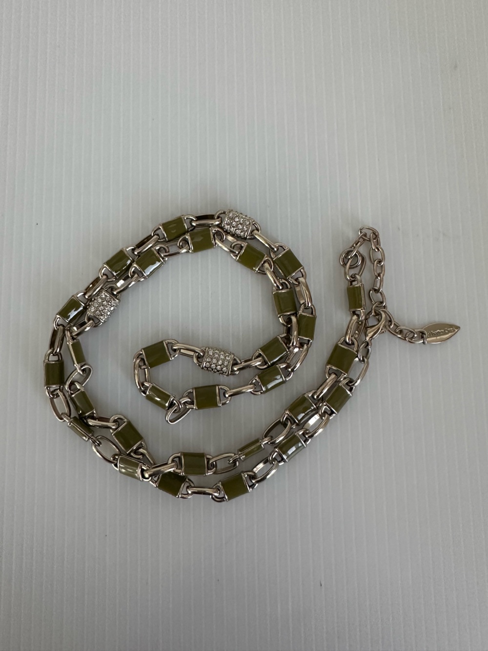 Stunning Elegant Olive Green, rhinestone and Goldtone Necklace Coldwater Creek
